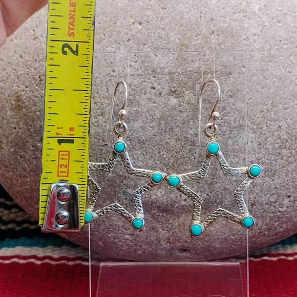 Handmade Stamped Sterling Silver Turquoise Dangle Star Earrings - Picture 4 of 6